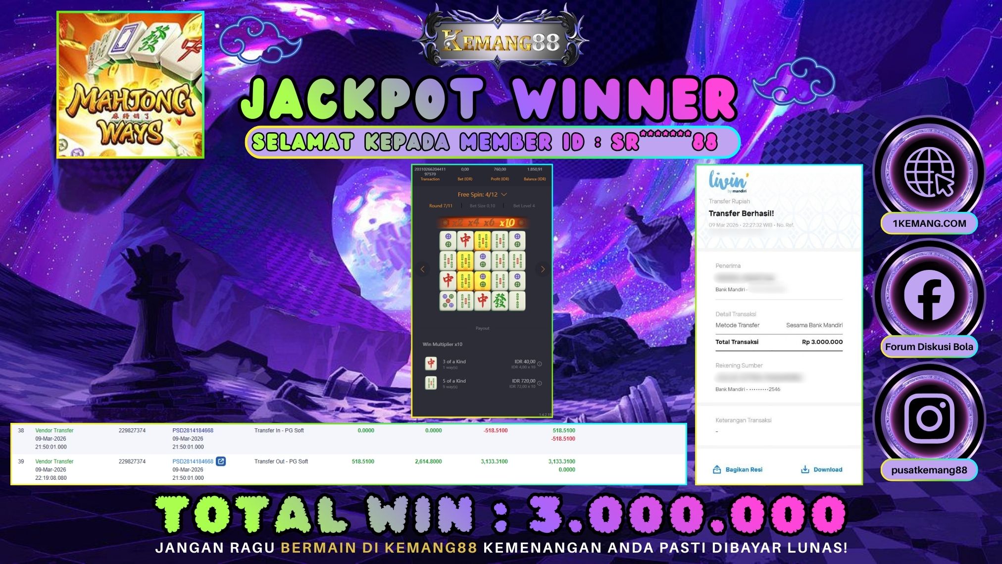 KEMANG88 [09 Maret 2026] : JACKPOT SLOT : MAHJONG WAYS 1 [PG] Rp. 3.000.000.,- LUNAS